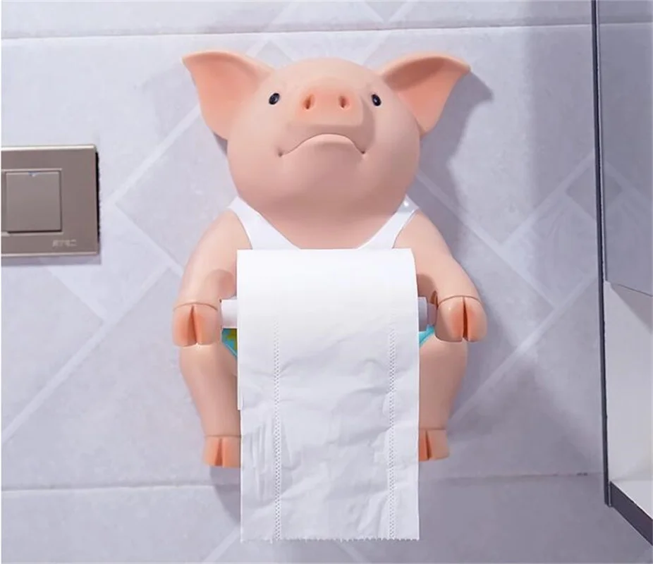 Creative Piggy Toilet Paper Holder Punch-Free Wall Mounted Hand Tissue Box Pig Towel Rack Reel Spool Device BathroomDecoration