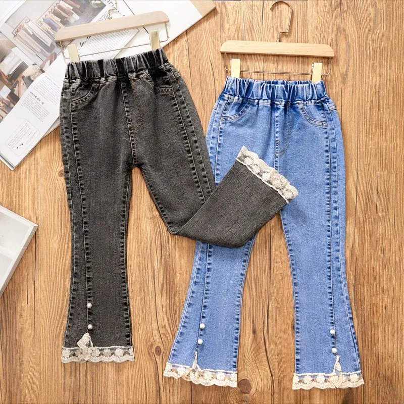 Girls Jeans Lace Elastic Waistline Denim Flared Pant Solid Color Trousers Teenager Kid Girl Autumn Fashion Casual Clothes 2-12Y