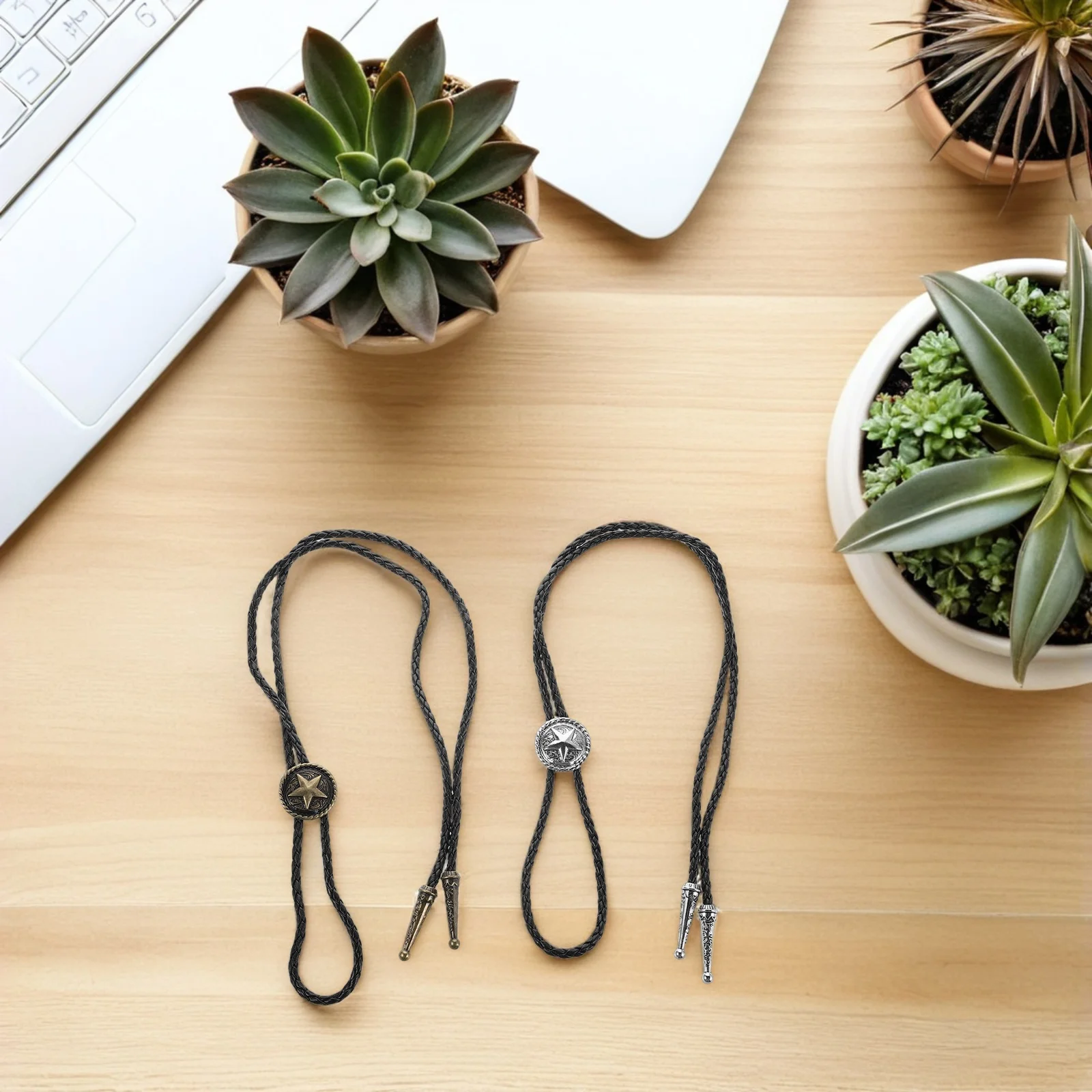 

2Pcs Retro Shirt Chain Adjustable PU Bolo Necktie for Men Women Vintage Western Punk Style Decorative Tie Jewelry