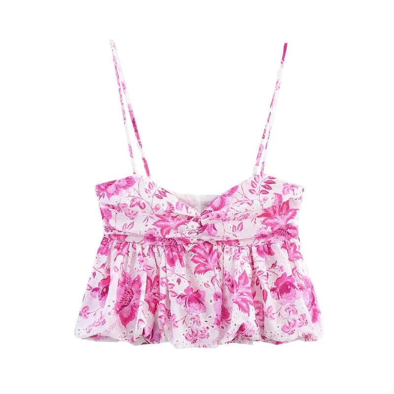 

Women's Summer V-Neck Sleeveless Top Sweet Hollow Embroidery Print Feminine Pleated Adjustable Suspender Casual Elegant Short To