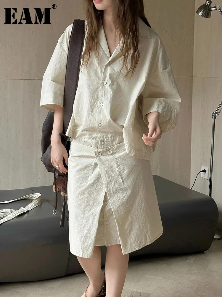 [EAM] Women Beige Irregular Pocket Big Size Elegant Shirt Dress New Lapel Short Sleeve Fashion Tide Spring Summer  2024 1DH6131