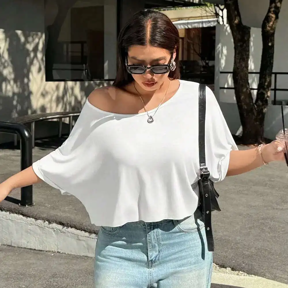

2025 Summer New Plus Size Women's Simple Casual Style T-shirt Round Neck Off Shoulder Half Sleeve Slimming Top Blouses Woman Y2k