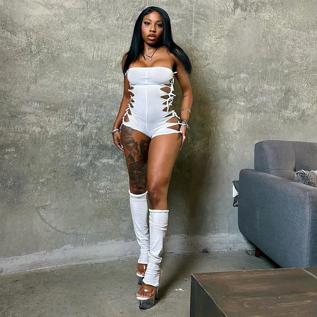 

Women Tassel Hollow 2-Piece Set Bandage Low-Neck Sleeveless Backless Playsuits+Simple Leg Sleeve Trend Sexy Suits