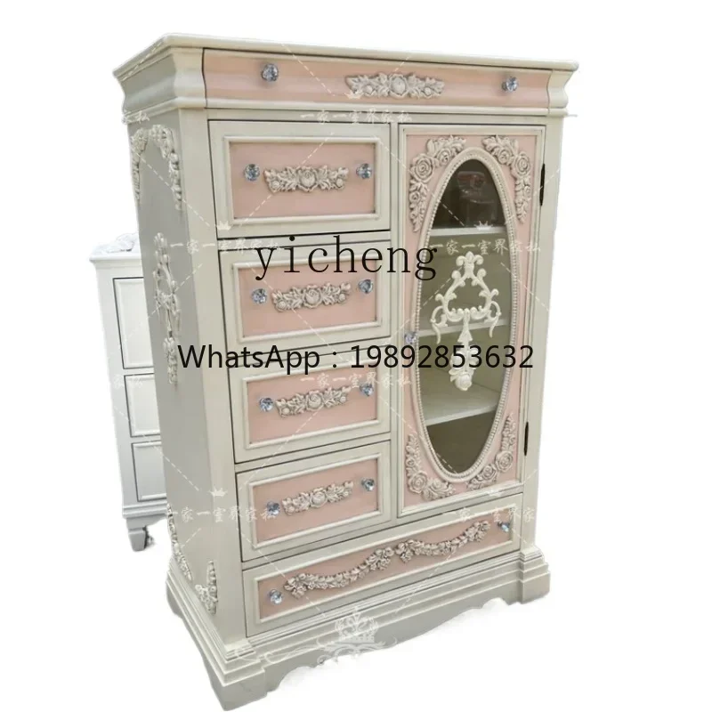 

TQH retro carved solid wood wardrobe children princess bedroom drawer locker double door clothing cabinet