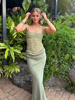 Green Lace Splicing Backless Long Dress Women Fashion Sleeveless Bodycon Sling Pleated Vetidos Summer Beach Vacation Lady Gowns