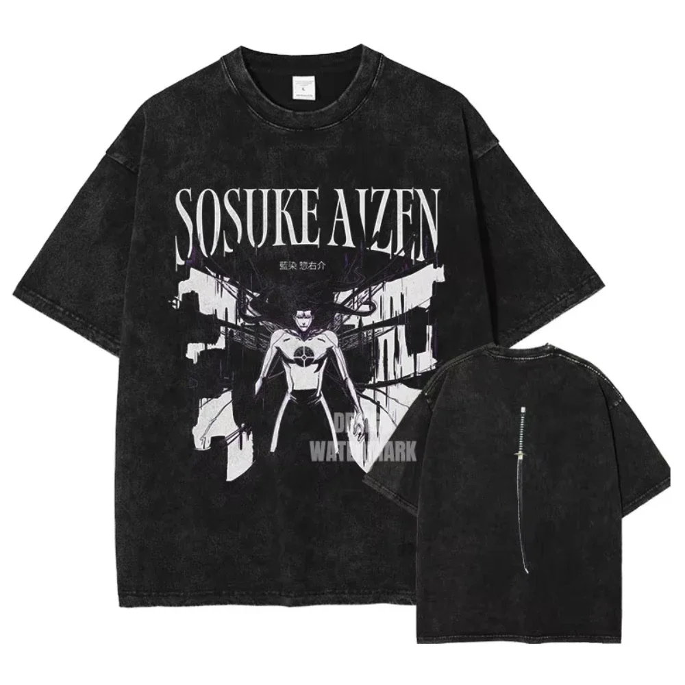 2026 Summer BLEACH Ichigo Kurosaki Double Sided Print T-Shirt, Vintage Washed Cotton Loose Casual Oversized Tee for Adults Y2K