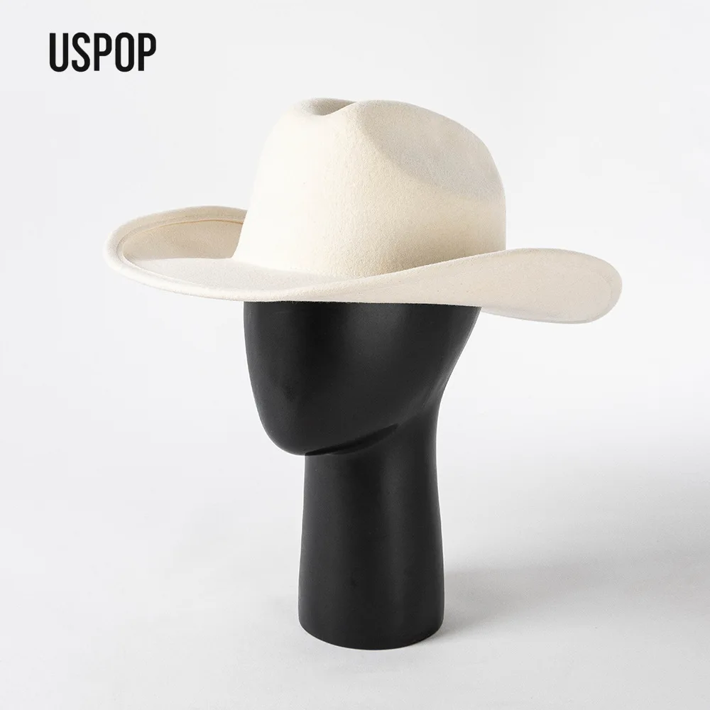 

USPOP Autumn Winter Fashion Casual White Plain Wide Brim Wool Felt Cowboy Hat for Women Men 100% Wool Fedora Outdoor Travel Hat