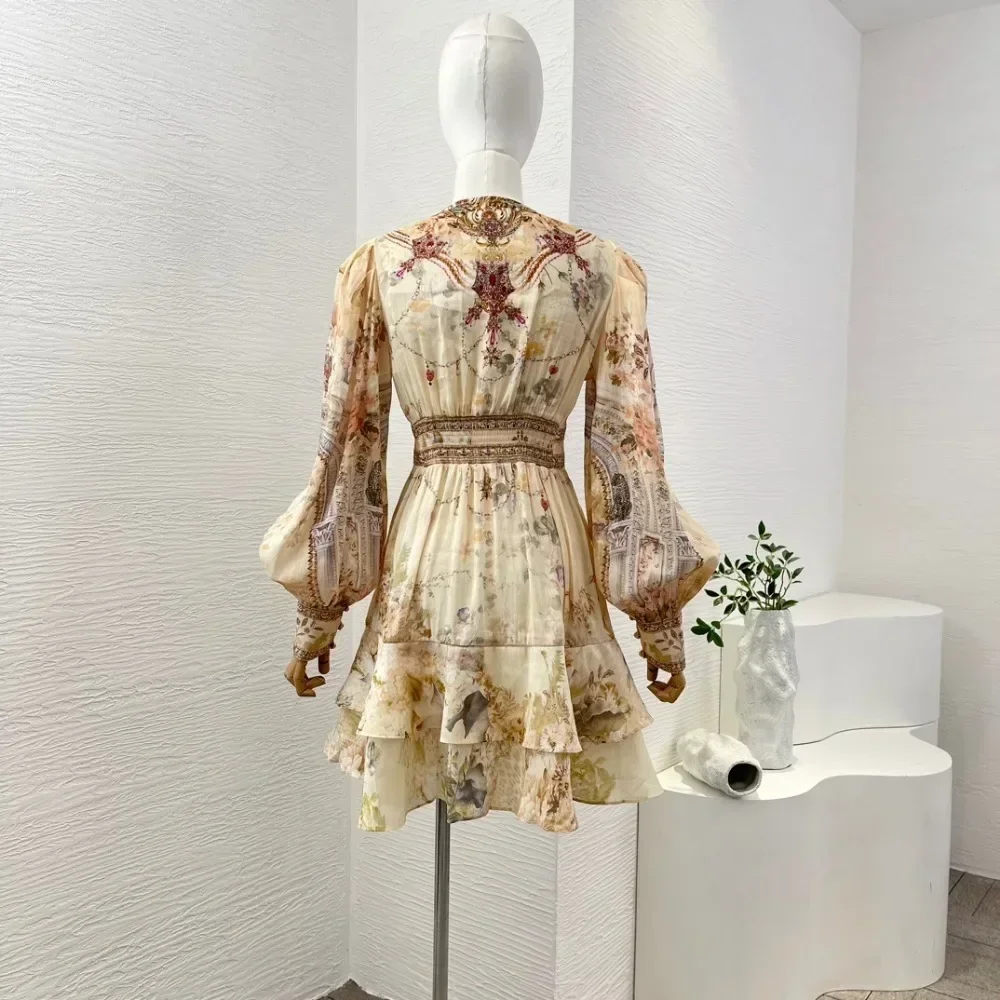 High Quality Beige Floral Print Long Sleeve Lace Deep V Neck Ruched Diamonds Stretchable Waist At Back Mini Dress 2024 Women