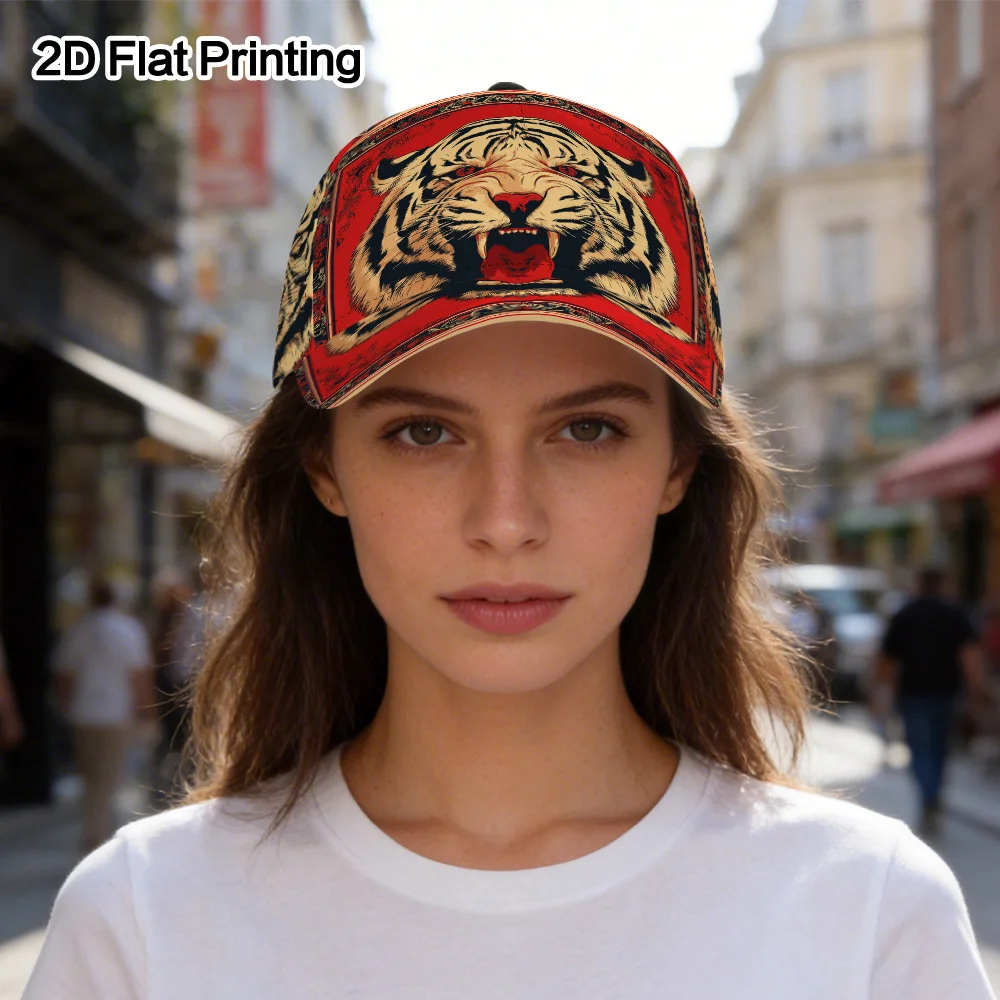 Custom 1pc 2D Flat Fierce Tiger Head Printed Classic Baseball Hat, Lightweight And Versatile Duckbill Cap, Adjustable Design