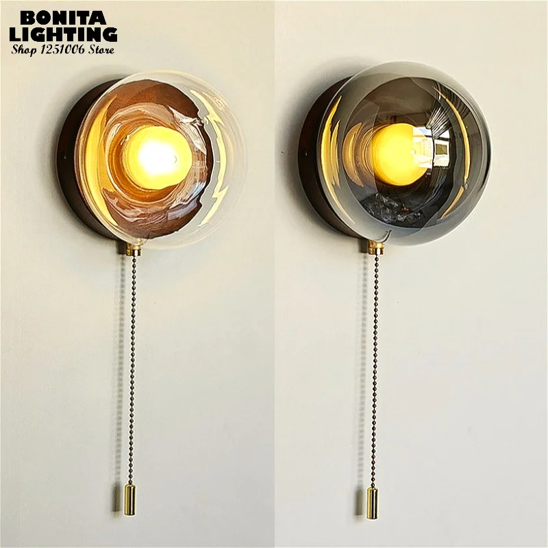 Half Sphere Glass Pull Chain Wall Sconce Modern LED Soft Glow Ambient Wall Light Fixture for Hotel Cafe Aisle Bedside Bathroom