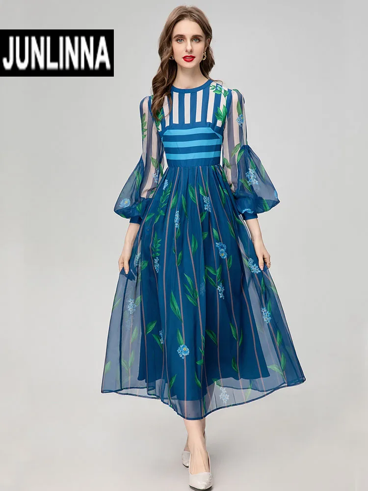 JUNLINNA Fashion Runway Women Dress Spring Summer O-Neck Lantern Sleeve Striped Flower Printing Party Holiday Vestidos