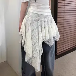Vintage Asymmetrical Lace Mini Skirt Women Black Korean Street Ruffle Short Skirts Harajuku Gothic Layer Pleated Skirt