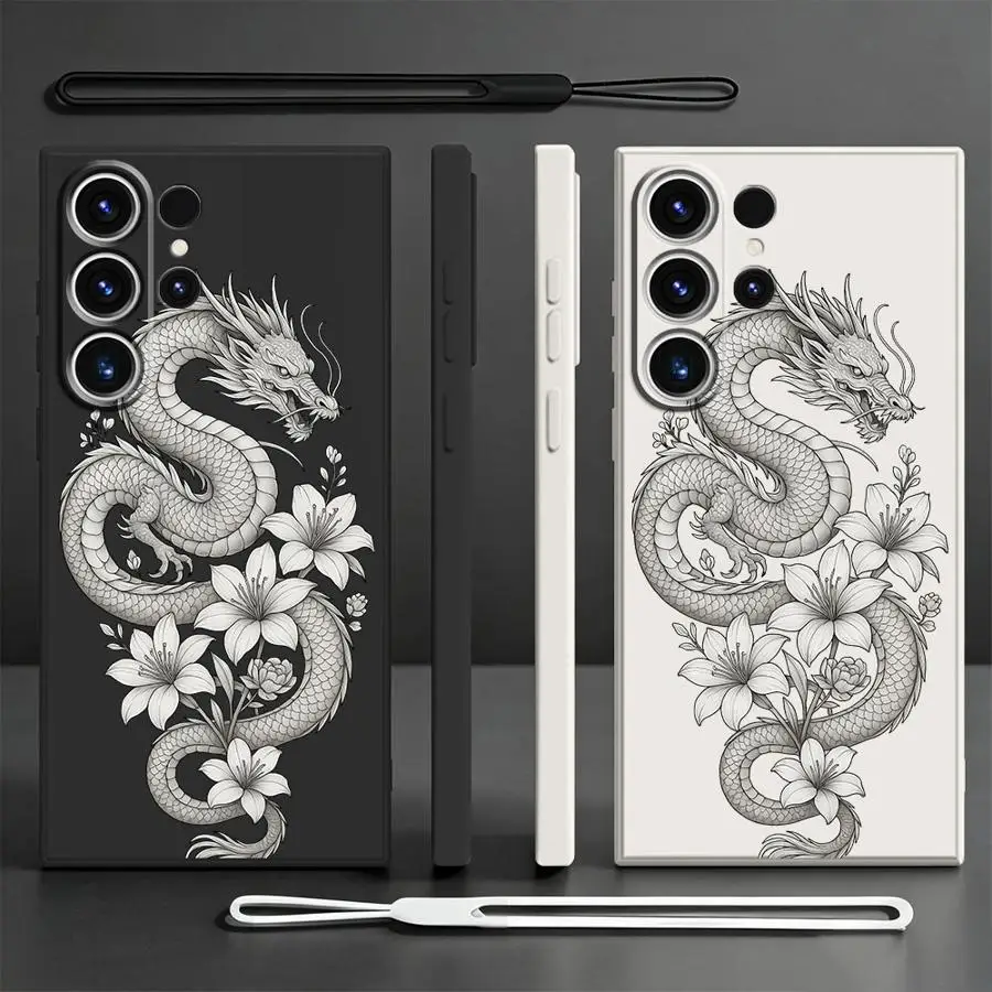 Phone Cover Case for Samsung Galaxy S26 S21 Plus S22 S25 Edge S20 FE Note 20 10 Ultra S24 Ultra S23 Dragon Flower Art Gothic