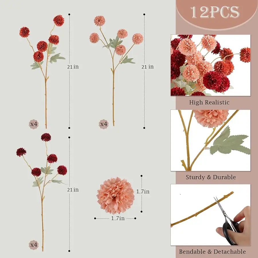 12 Pcs Artificial Chrysanthemum Flowers, Orange Kiku Pom Pom Mums Flower Faux Fall Floral for Autumn Halloween Kitchen Table Cen