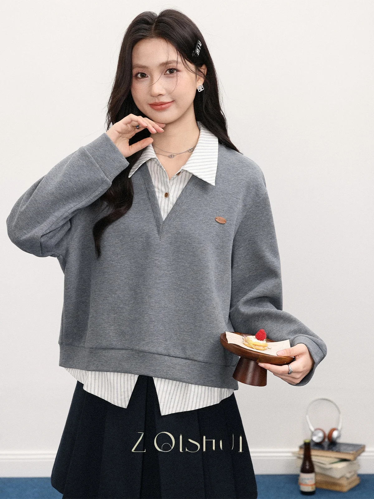 

Осенне-зимний свободный свитшот с длинными рукавами для женщин, в университетском стиле, имитация двухслойности, удобный, универсальный, качественный топ