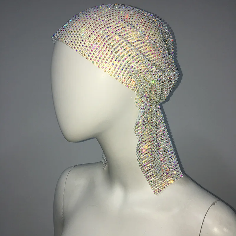 Visnet Geruit Bling Strass Cap Vrouwen Hoofddoek Uitgehold Patchwork Glitter Kristal Trendy Wilde Hoofdband Tulband Haar Hoed