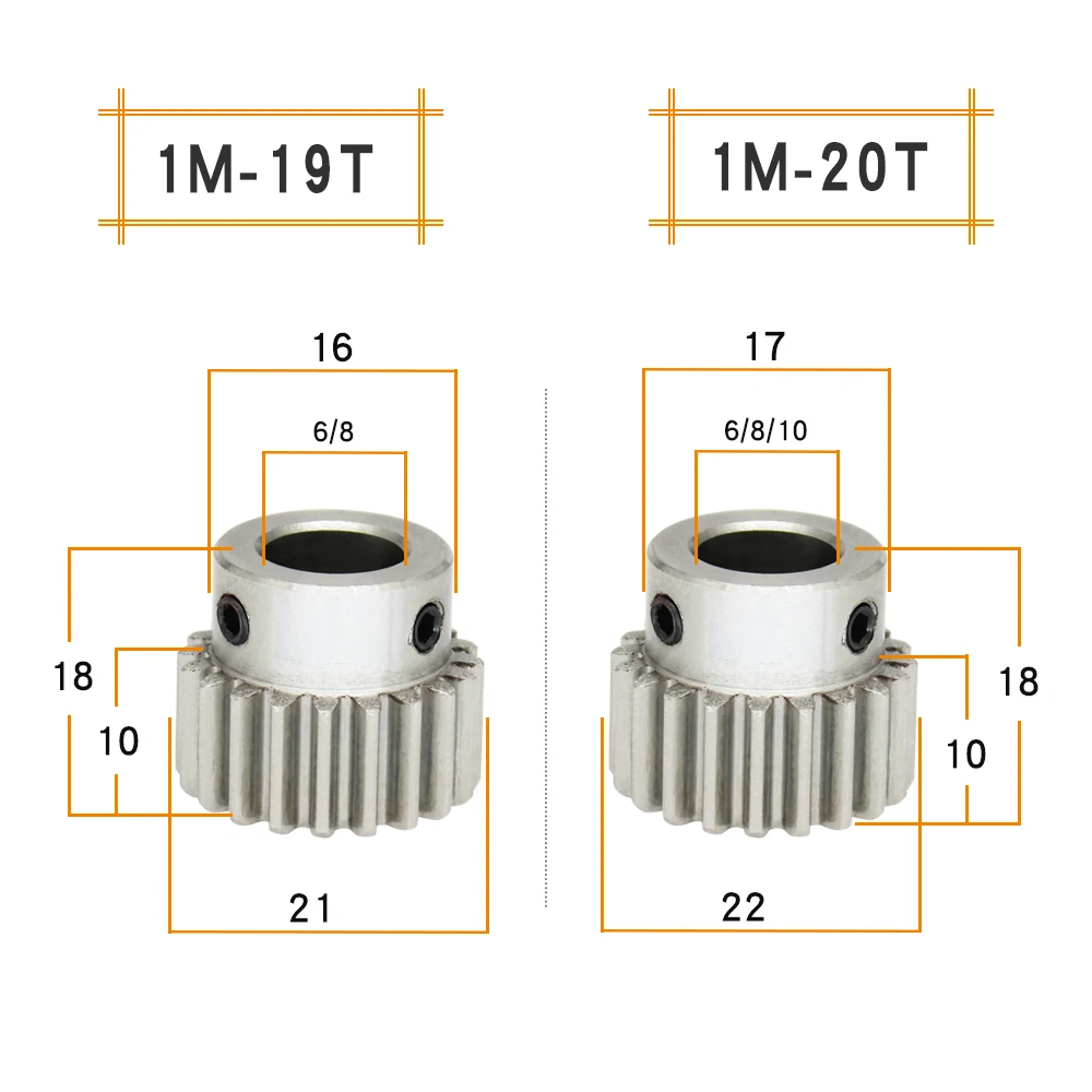 1 Piece Spur Gear 1M-19T/20T Bore Size 6/8/10 mm 304 Stainless Steel Transmission Gear Teeth Thickness 10 mm Total Height 18 mm