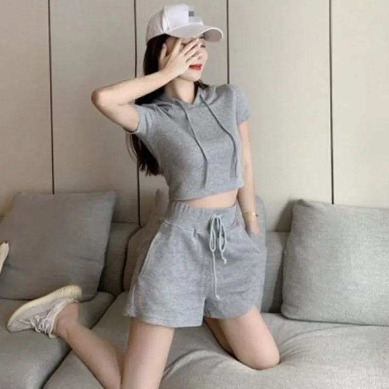 Summer 2025 Casual Hoodie Short Sleeve Sweatshirt Sporty Shorts Two-Piece Set Fashionable Women's Ensemble Polyester Fabric