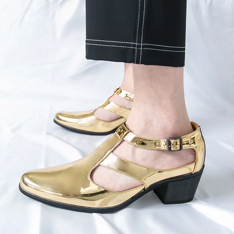 2025 Luxury Golden Dress Sandals Man Summer High Heel Men's Leather Sandals Design Pointed Wedding Shoes Men chaussures homme