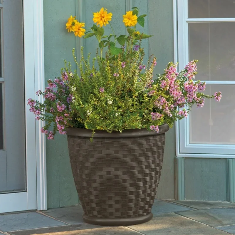 

New Upgrade Sonora 18" Resin Wicker Style Yard & Garden Flower Planter, Brown