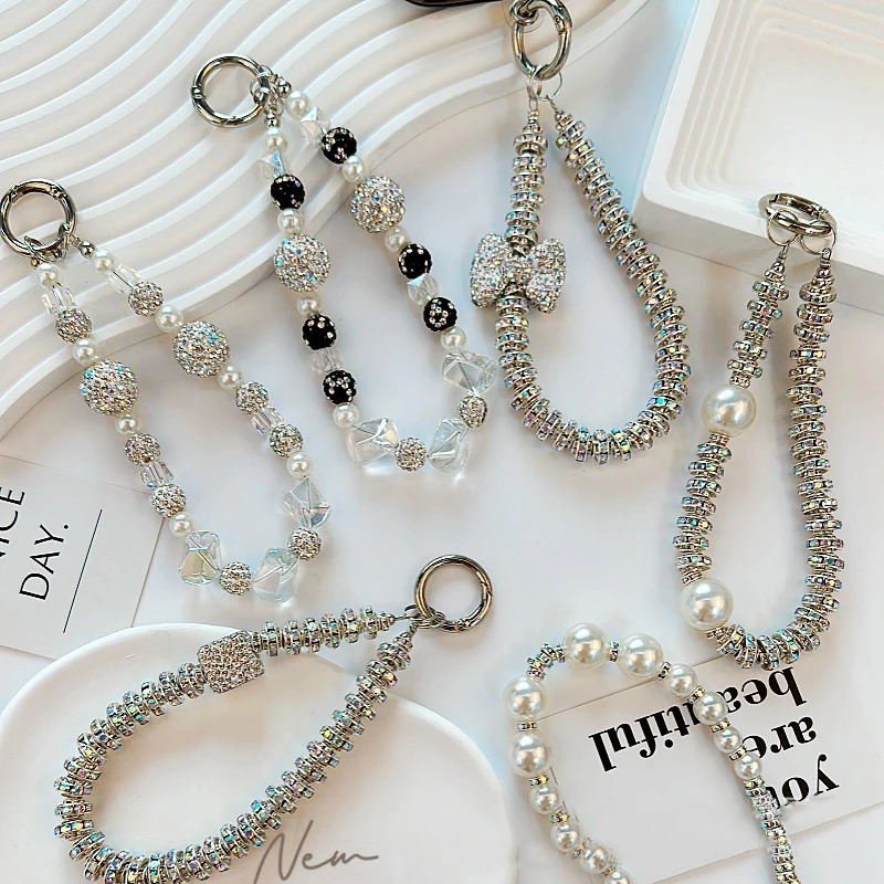 Universal Mobile Phone Lanyard Wrist Short Style Carrying Chain Water Diamond Ball Luxurious Beading Pendant Anti Loss Lanyard