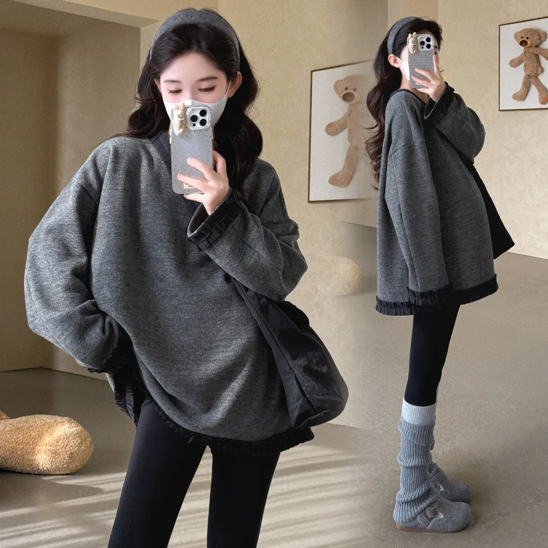 2025 Autumn New Arrival Korean Style Plus Size Maternity Wear Striped Mid Length T-Shirt Thickened Double Sided Brushed Top