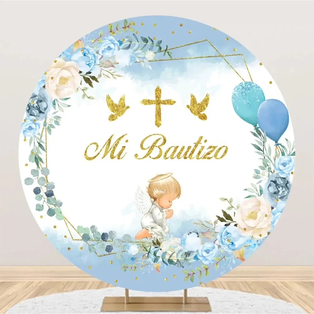 Tableclothsfactory First Holy Communion Round Backdrop Baptism Boy Girl Cross God Bless Grail Circle Cover Party Decorations