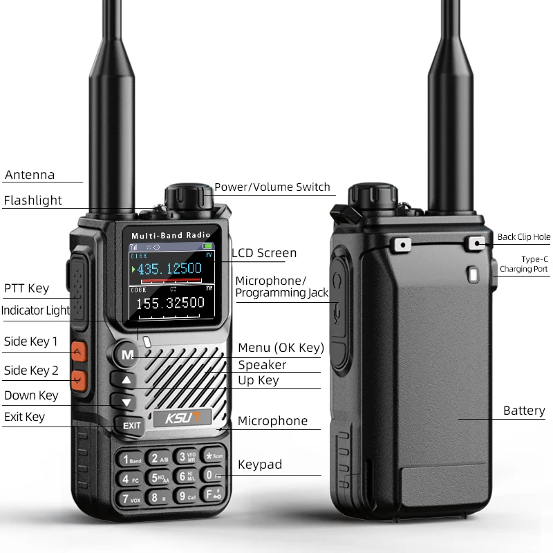 Walkie Talkie de 5W, Banda Completa 144/220/350/400/520MHz, Radio FM de Banda Aérea, Carga Rápida Tipo-C, Linterna, Dobl