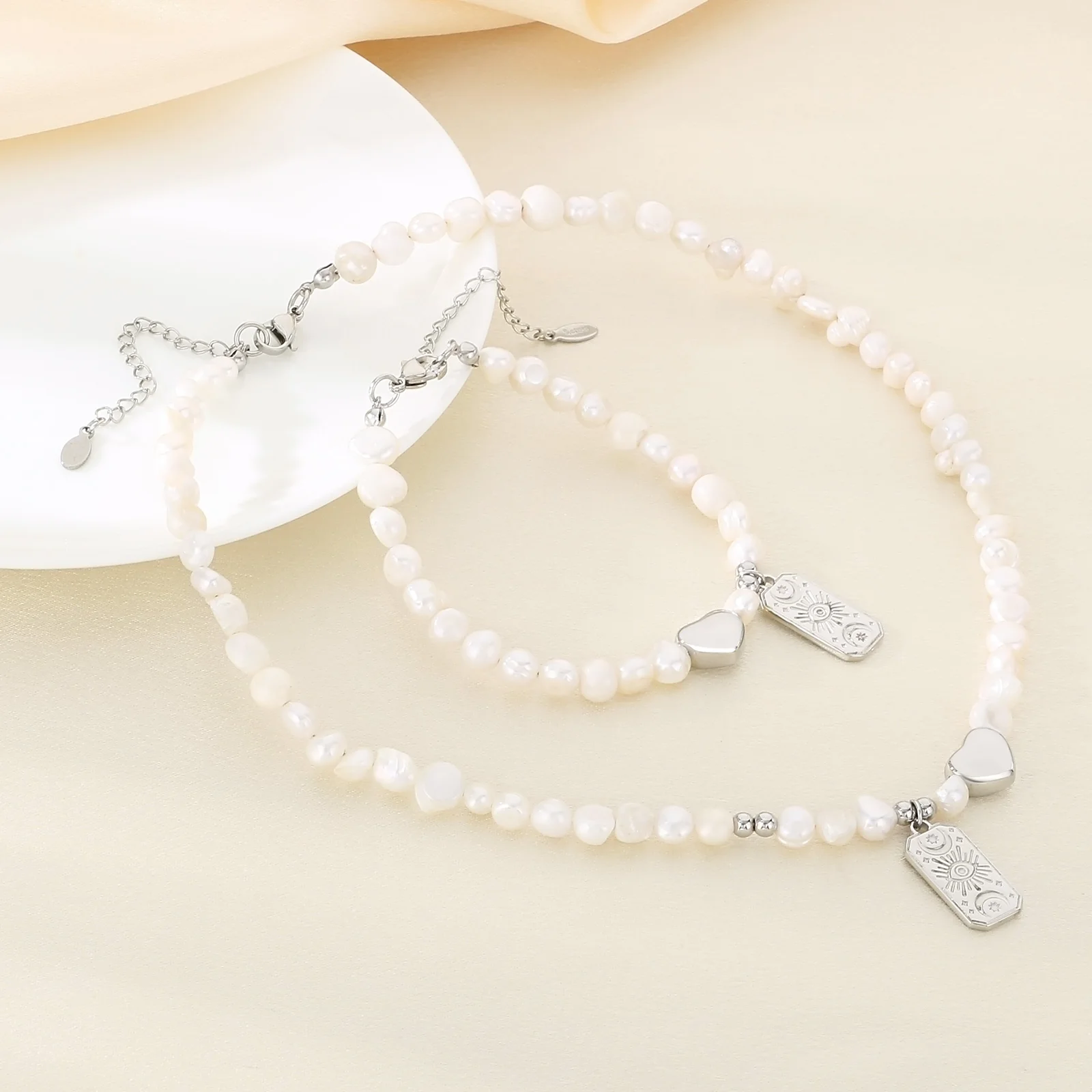 BURSONG Baroque Natural Pearl Necklace Bracelet Stainless Steel Sun Square Plate Heart Pendant Jewelry - KB186962-Z
