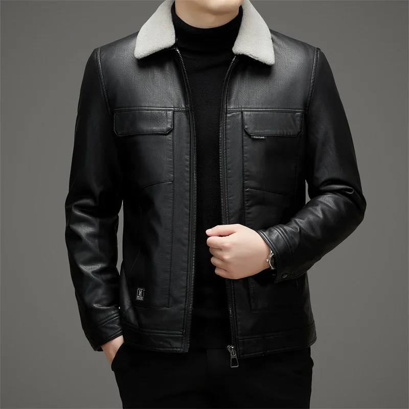 Winter Down Leather Jacket Men's Lapel White Duck Down Filling Business Casual Middleaged Soft Comfortable Jacket Thick