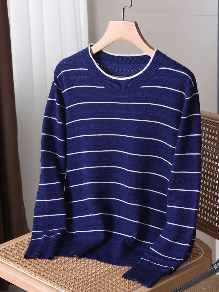 Spring Summer Women\'s O-neck Hollow Striped Long Sleeve Pullover Shirt 30% Merino Wool Knitwear Sweater Korean Popular Tops