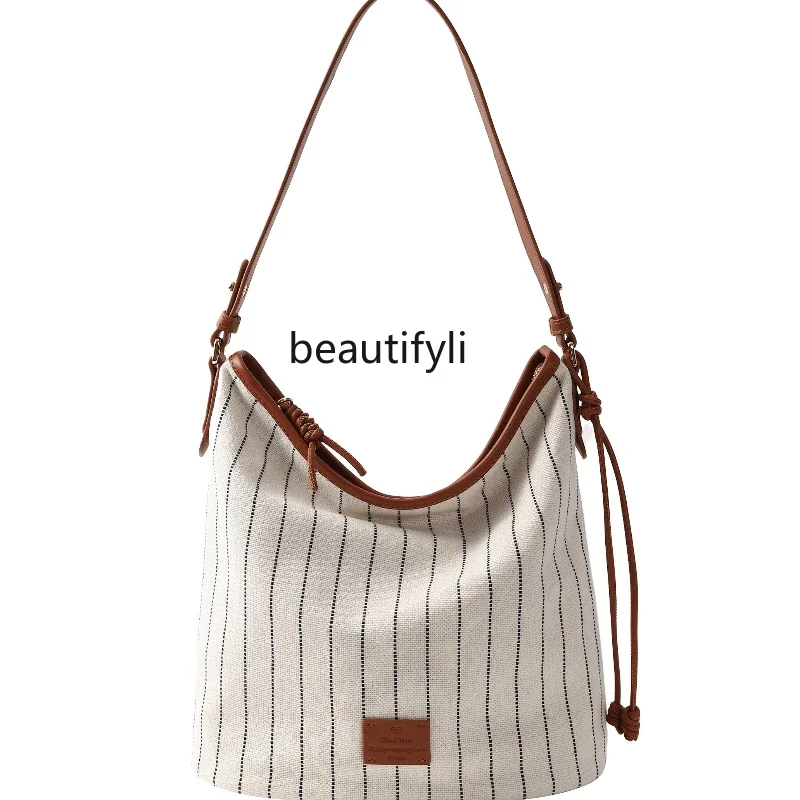 Tote bag women's shoulder crossbody lazy style casual striped canvas big bag