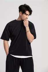 Miyake Shirt Thin Breathable Short Sleeve Round Neck T Shirt Summer Solid Sports Top Miyake Pleated Men