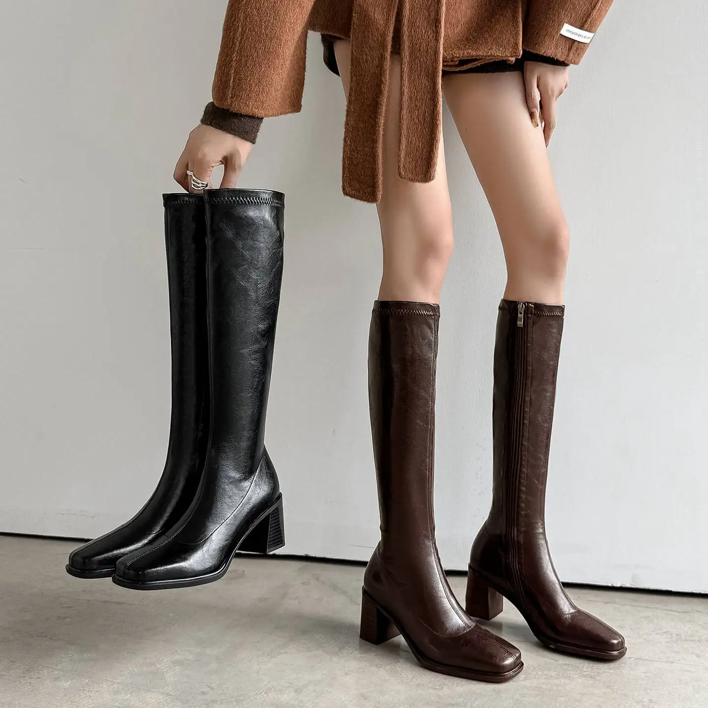 Krazing Pot Microfiber Modern Knight Boots Dating Keep Warm Winter Shoes Thick High Heels Catwalk Sexy Zipper Knee-high Boots