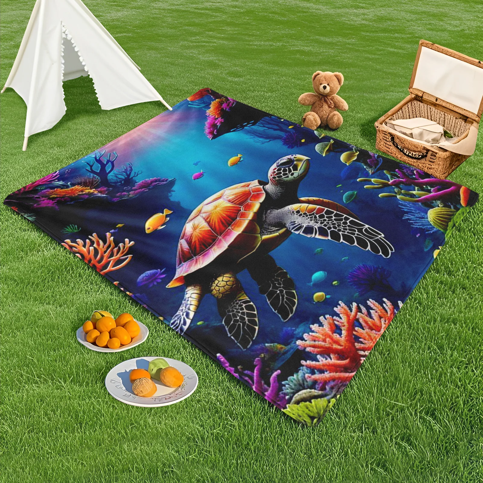 

Sea Turtle And Sea Grass Pattern Outdoor Blanket In Orange And Blue For Coastal Adventures And Outdoor Comfort