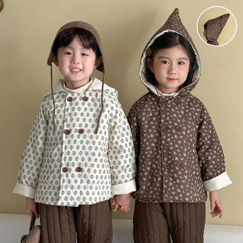 

New Winter Kids Floral Hooded Jacket 1-8T Cotton-padded Boys Parkas Coat Trendy Childrens Clothes Girls Baby Warm Outerwear