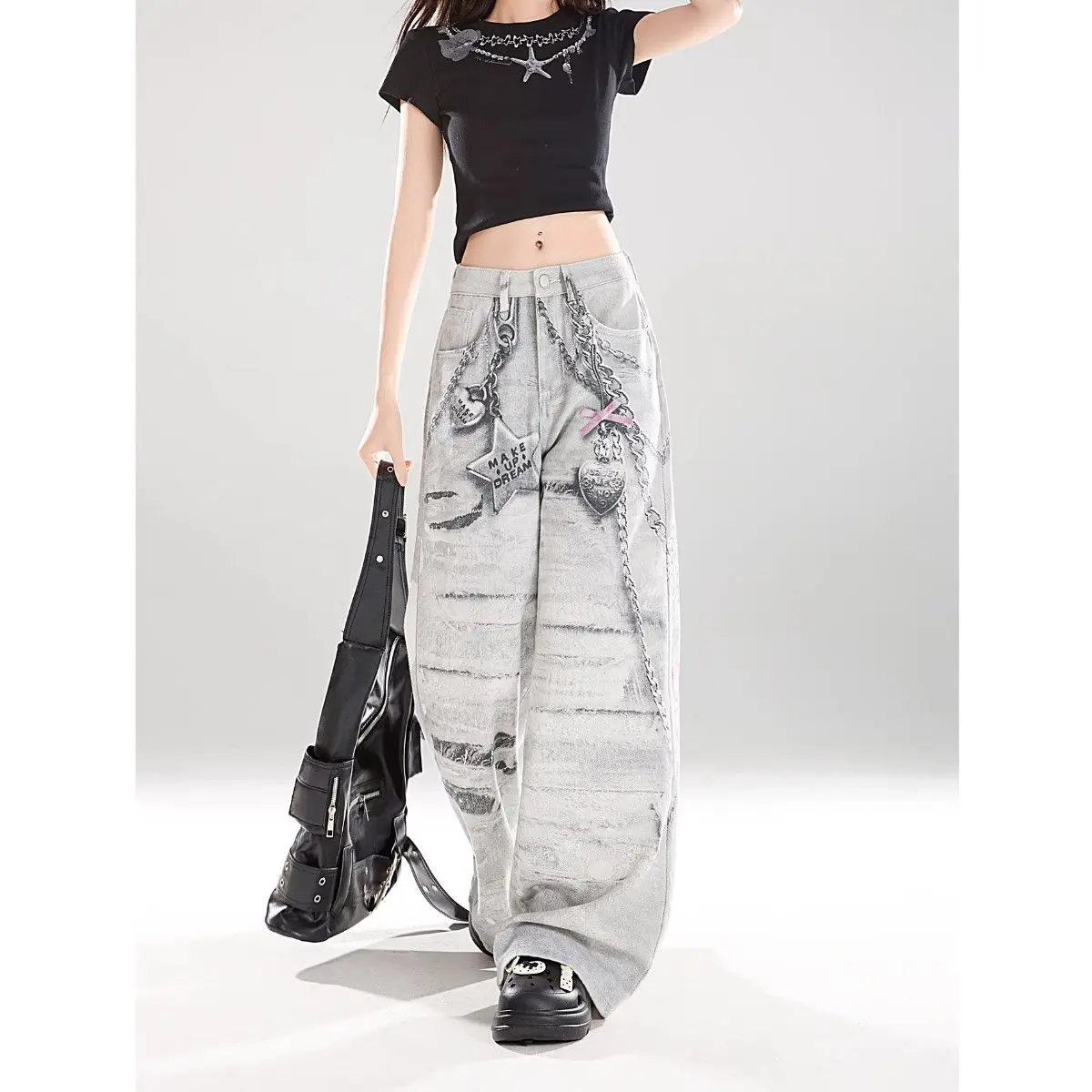 

Women Vintage Ripped Printed Y2k Jeans 2000s Streetwear American Retro Denim Pants 2025 Autumn High Waist Wide Leg Jeans