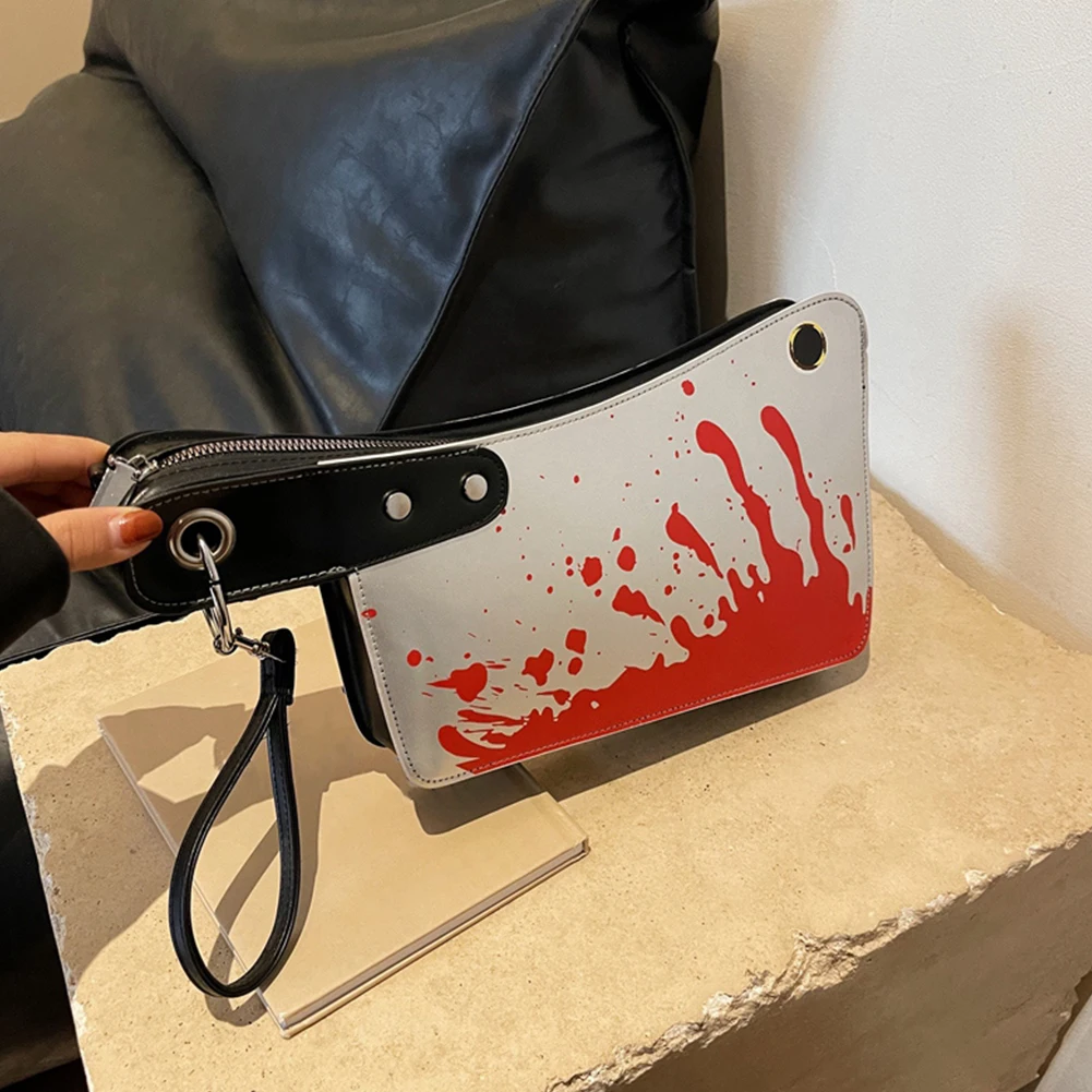 Women Horror Crossbody Bag PU Leather Bloody Satchel Bag Adjustable Strap Gothic Purse Horror Knife Shaped Halloween Clutch Bags