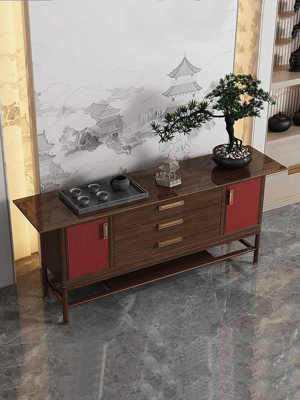 

HYS new Chinese-style entrance cabinet, ebony wood bar case, solid wood entrance table, facing the door, table against the wall