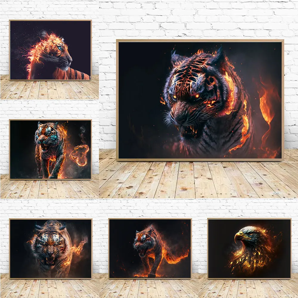 Tiger Epic Cinematic Animal Cool Portrait Canvas Painting Mysterious Smoke Fire Posters Room Modern Wall Art Pictures Home Decor