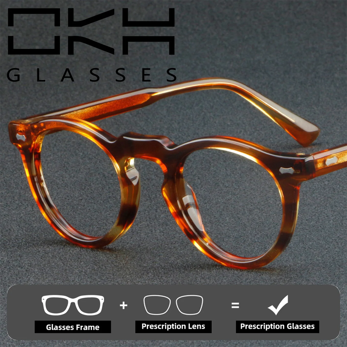 OKH Retro Round Acetate Eyeglass Frame Unisex Eyewear, Tortoise Full‑rim Prescription Spectacles for Men Women Daily Office Wear
