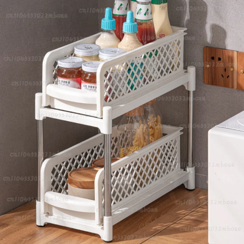 Sliding Sink Storage Rack Two Layer Kitchen Organizer Desktop Bathroom Seasoning Storage Hollow Out Design Versatile Shelf