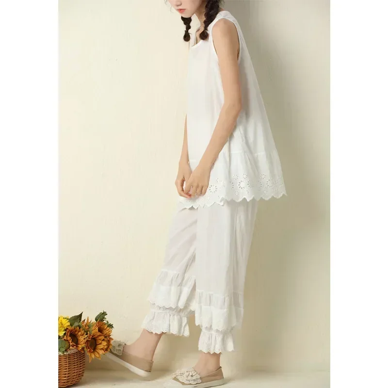 100% Cotton Female Vintage Ruffled Lace Hem Loose Bloomers Pants Teenager Japanese Mori Girl Sweet Victorian Steampunk Pants