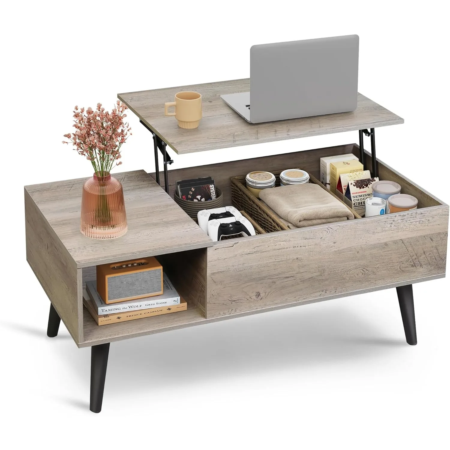 

Lift Top Coffee Table with Storage, Small Rising Wooden Dining Center Table with Storage Shelf & Hidden Compartment