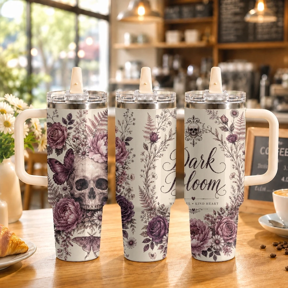 Skeleton Floral Designs Vacuum Flasks 40oz Stainless Steel Tumbler with Handle Straw Lid Vacuum Insulated Double Wall Leak Proof