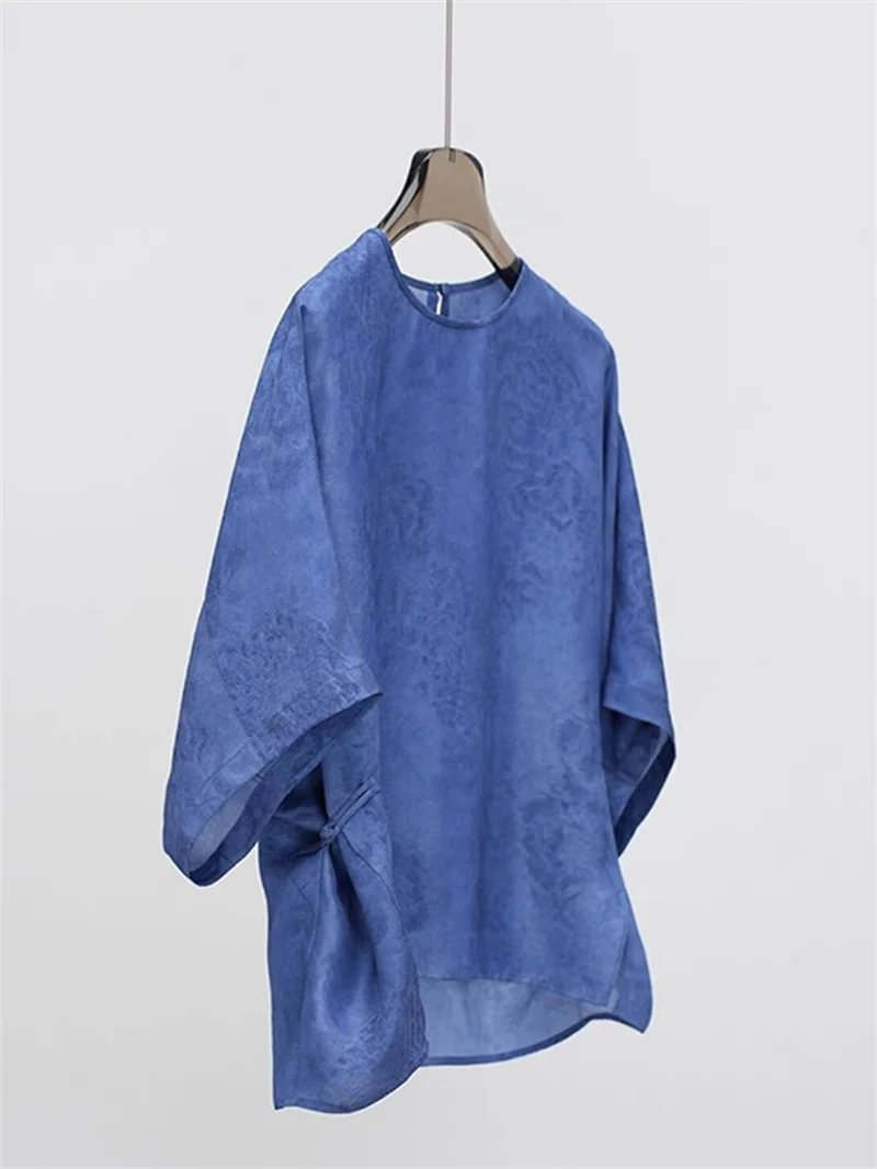 

2026 New Summer Navy Jacquard Floral Blouse Women Chinese Style O Neck Short Sleeve Shirts Daily Elegant Silk Chiffon Tops