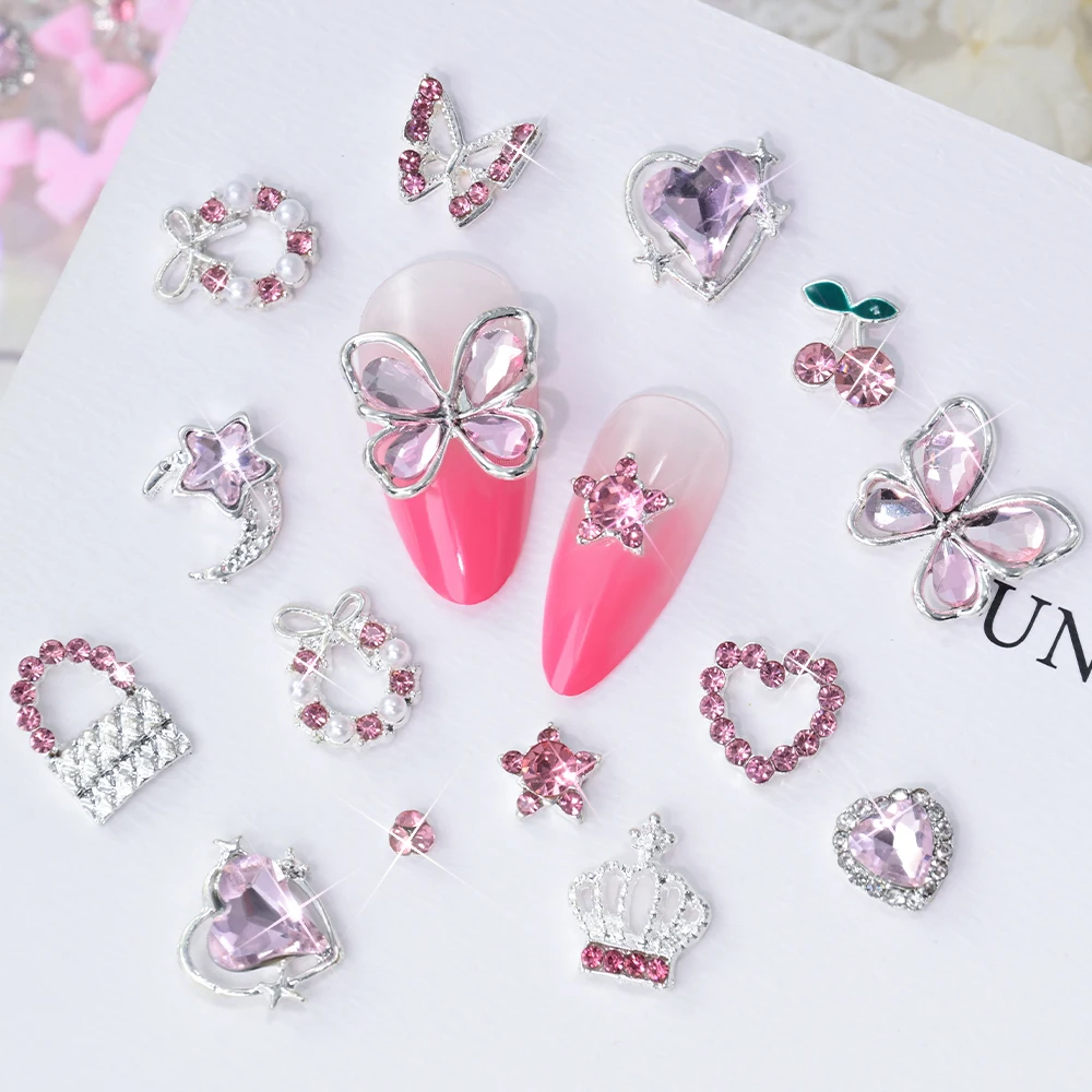 58 pezzi 3D misti rosa farfalla/cuore/ciliegia ciondoli per unghie con gemma in lega stella corona decorazioni per unghie artistiche parte delle unghie di San Valentino