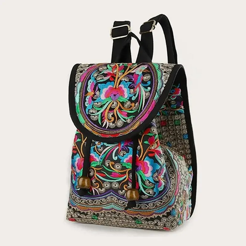 Retro Ethnic Style Women Canvas Handmade Flower Embroidery Backpack Casual Large Capacity Travel Knapsack