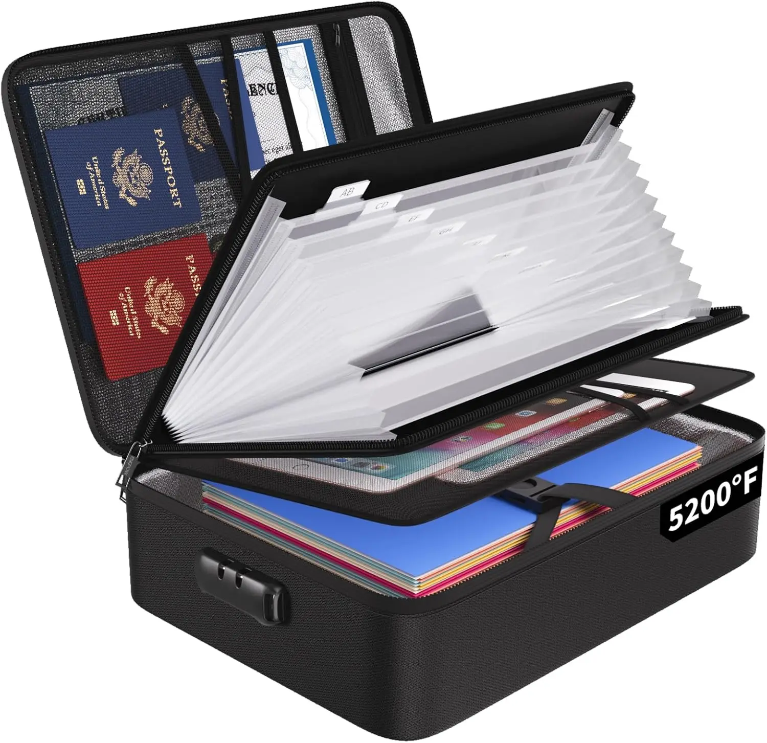 Fireproof Document Organizer Bag with 13 Pockets, Lock & Labels - Portable Storage for Files, Passports & Cards