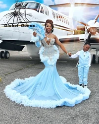 Sky Blue One Shoulder Long Prom Dresses For Black Girls Beaded Crystal Birthday Dress Gowns Feathers Evening Gowns Customized